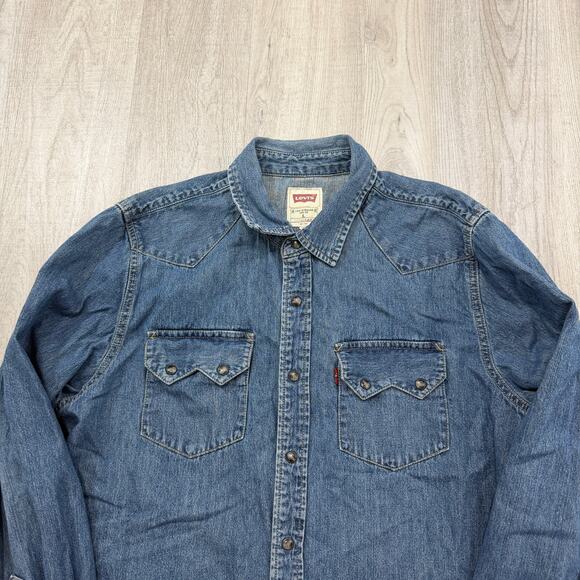 Levis Denim Shirt Mens Large Blue Snap Button Long Sleeve Western Rodeo Workwear - Picture 2 of 9